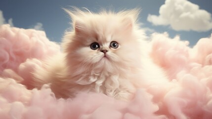 An adorable white kitten sits in fluffy clouds of delicate pastel color. Cute greeting card in retro style.