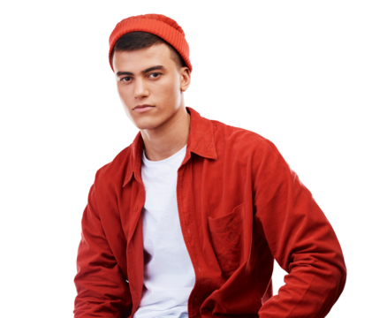 College student, portrait and man with streetwear, fashion and style of gen z on transparent, isolated or png background. Serious, face and person with cool, confidence or casual pose in university