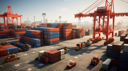 A busy shipping port with cranes unloading containers from cargo ships without humans