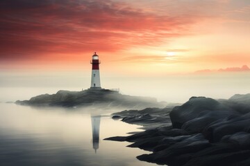 Fototapeta premium lighthouse seascape in mystic fog at night