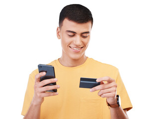 Smartphone, smile and man with credit card for online shopping, fintech and digital banking. Happy...