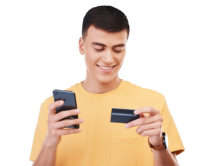 Smartphone, smile and man with credit card for online shopping, fintech and digital banking. Happy customer on mobile, plastic money and financial payment isolated on a transparent png background