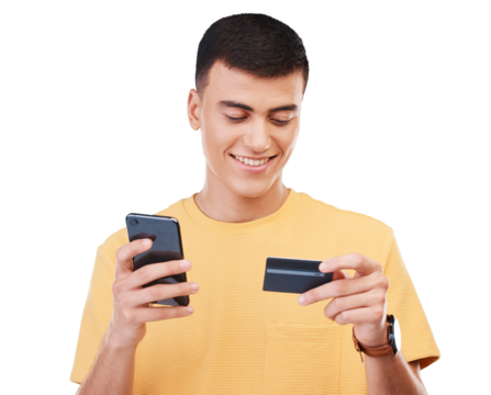 Smartphone, smile and man with credit card for online shopping, fintech and digital banking. Happy customer on mobile, plastic money and financial payment isolated on a transparent png background