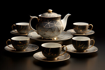 Obraz na płótnie Canvas A full view of a whimsical tea set with half-filled tea cups with hot tea adorned with algorithmic patterns. 