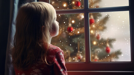 Evocative Christmas scene with delicate decorations, a glowing candle by the window, snowflakes dancing outside, capturing the serene ambiance of a winter evening.