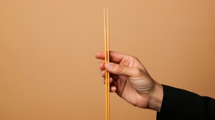 Man holding a pair of chopsticks on a beige background