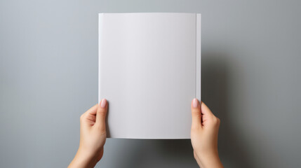 Female hands showcasing blank magazine against a neutral gray background. Ideal design template and presentation mockup.