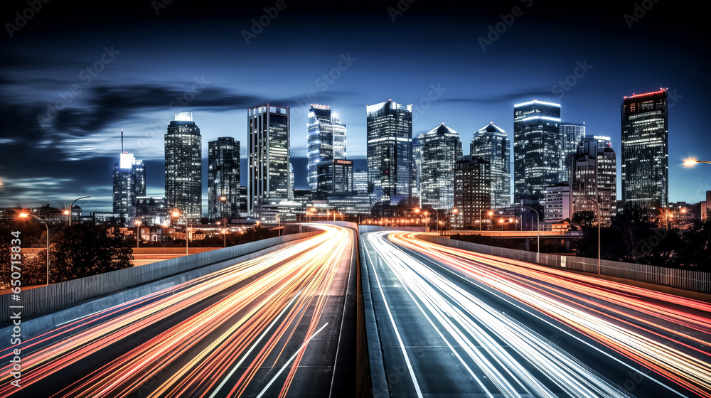 Poster a busy urban highway with motion blur, captured in an image. cars and lights whizz by, creating a se