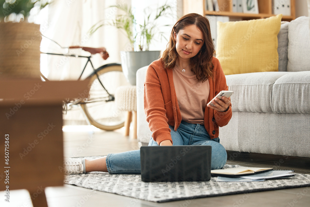 Poster woman, laptop and phone with remote work from home, web chat or thinking for web design job on floor