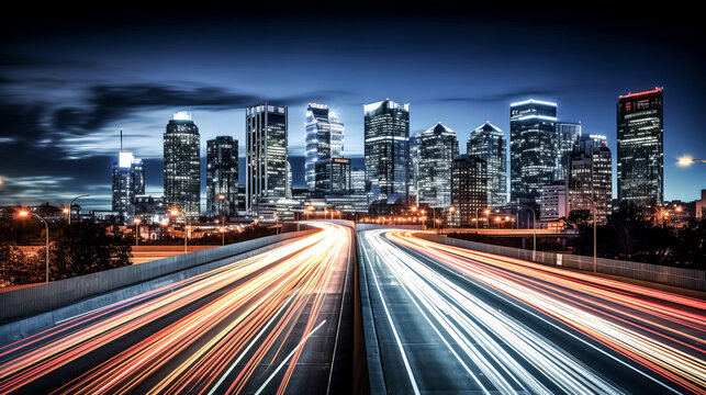 A busy urban highway with motion blur, captured in an image. Cars and lights whizz by, creating a sense of movement and activity.