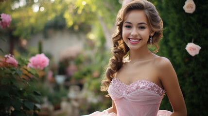 Pretty girl posing on her fifteenth birthday. Quinceañera (Quinceanera) celebration.