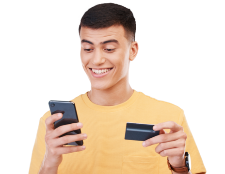 Phone, smile and man with credit card for online shopping, fintech payment and internet banking. Happy customer on mobile, plastic money and financial sales isolated on a transparent png background