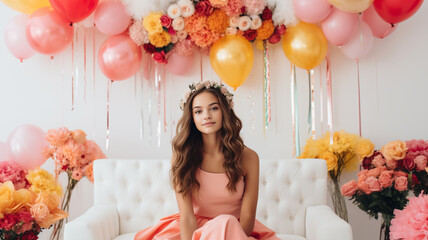 Pretty girl posing on her fifteenth birthday. Quinceañera (Quinceanera) celebration.