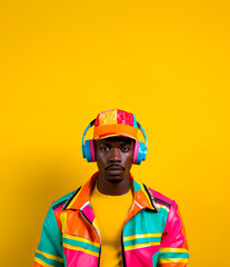 Obraz premium Young man in 90s style clothing wearing a headset looking stylish and funky. Fashion style photograph in a colorful 1990ies style. Yellow Studio background with copy space.