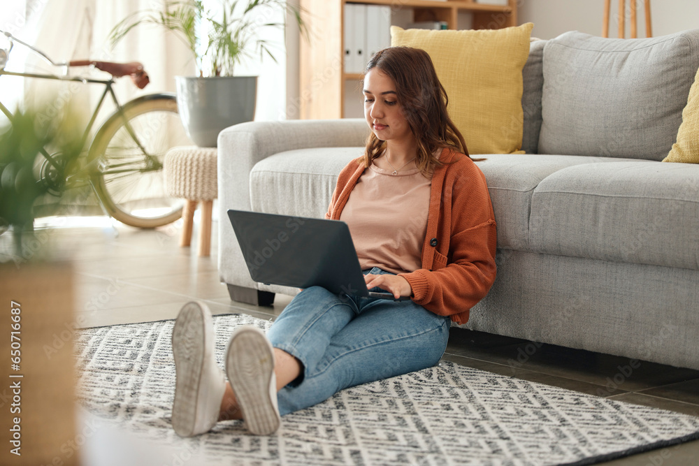 Poster Woman, laptop and thinking with remote work from home, ideas and analysis for web design job on floor. Freelance entrepreneur, reading and developer for brainstorming, coding and typing in house