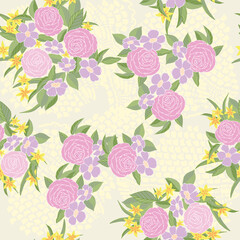 Vector Repeat Seamless Pattern Design of Pink Roses and Lavender Wild Roses on Yellow Doily Texture Background.