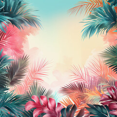Tropical green and pink leaves background. Exotic wallpaper frame