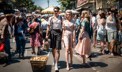 A young beautiful couple from 1950s having fun at a carnival - obrazy, fototapety, plakaty
