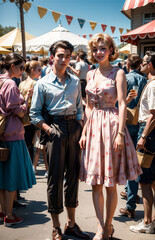 Fototapeta na wymiar A young beautiful couple from 1950s having fun at a carnival