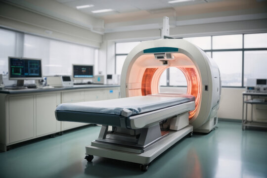Advanced medical diagnosis machine at hospital lab. Magnetic Resonance Imaging Machine. Computerized Axial Tomography Scan. Generative Ai