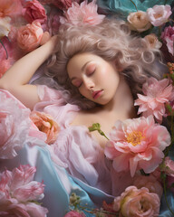 Obraz na płótnie Canvas Beautiful pretty woman in pink dress sleeping in a garden full of roses
