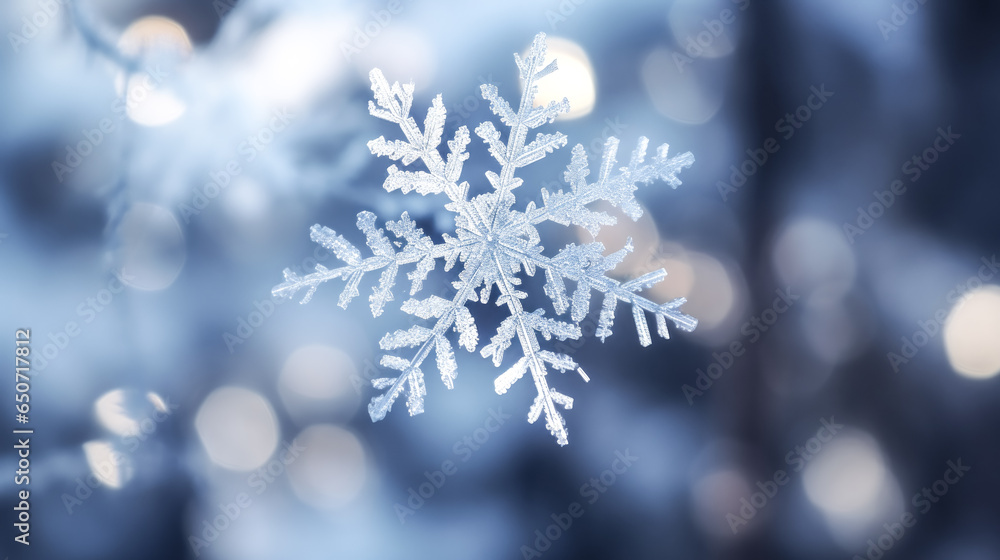 Aufkleber detail of a snowflake in front of a winter landscape, captured by a photographer and enhanced with a