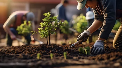 Gardinen Businessman planting some flowers or trees in the mud © Johannes