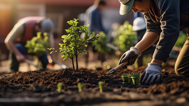 Businessman planting some flowers or trees in the mud