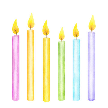 Stylized birthday burning candles in a row. Pastel rainbow colors. Happy birthday sketch. Hand drawn watercolor illustration isolated on white background. Template for greeting card