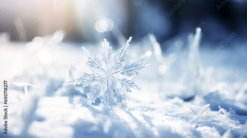 Poster a snowflake detail is captured in front of a winter landscape in this image, showcasing its intricat