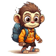 Cute Monkey goes to school in cartoon style on a white background