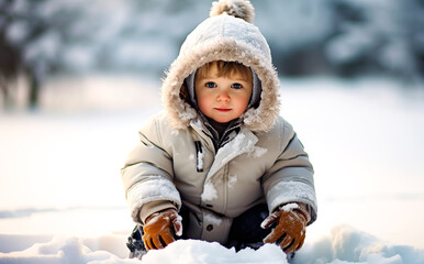 Winter portrait of a little girl in a warm jacket with a hood with fur trim.