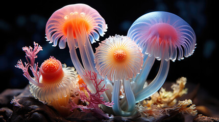 Surreal vibrant color jellyfish gracefully gliding through the underwater wonderland. - Powered by Adobe