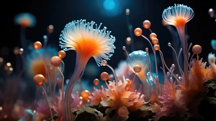 Foto op Plexiglas Surreal vibrant color jellyfish gracefully gliding through the underwater wonderland. © STOCK-AI