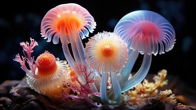 Surreal vibrant color jellyfish gracefully gliding through the underwater wonderland.