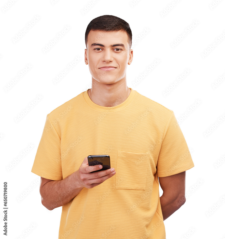 Poster phone, portrait and happy man typing on social media, internet and notification online. face, smile 