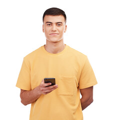 Phone, portrait and happy man typing on social media, internet and notification online. Face, smile...