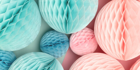 Banner with tissue paper balls in a pink and blue colors. Gender reveal party. Festive background.