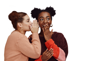 Friends, gossip and shocked woman for secret joke or news on png transparent background with smile on face. Comic, rumor and whisper in ear, black person with happiness talking to girl with surprise