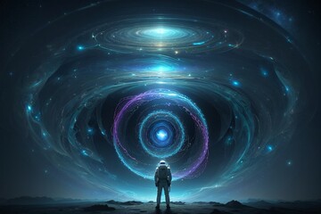 Man in front of wormhole to another dimension  - obrazy, fototapety, plakaty