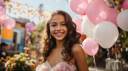 Pretty girl posing on her fifteenth birthday. Quinceañera (Quinceanera) celebration.
