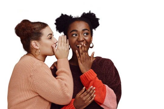 Friends, gossip and shocked woman for secret joke or news on png transparent background with smile on face. Comic, rumor and whisper in ear, black person with happiness talking to girl with surprise - Powered by Adobe