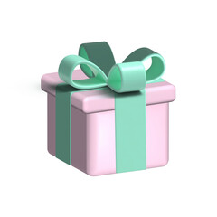 3D cute gift box.Pastel gift box in pink with green ribbon.Gift with bow icon isolated on transparent background.