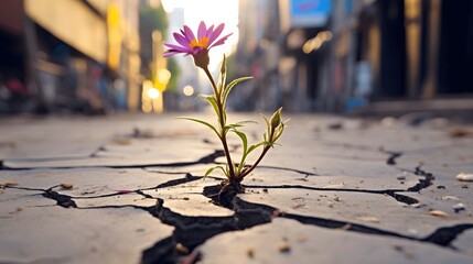 A resilient flower pushing through a crack in the ground - obrazy, fototapety, plakaty