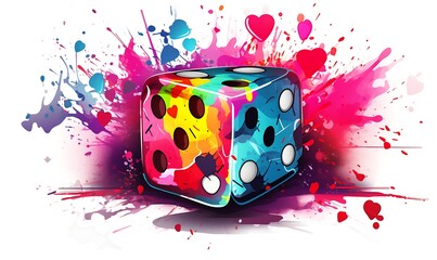 Illustration of a dice and a heart covered in neon splashes on a white background, Generative Ai - obrazy, fototapety, plakaty