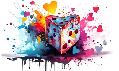 Illustration of a dice and a heart covered in neon splashes on a white background, Generative Ai - obrazy, fototapety, plakaty