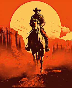 cowboy riding horse at sunset