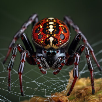 Image of red spider on a cobweb. Insect. Illustration, Generative AI.