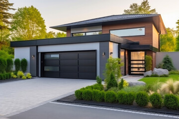 Contemporary Residence with Garage in Summer Setting