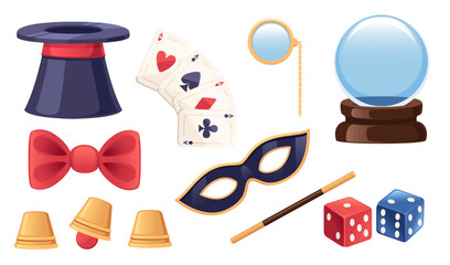 Set of classic retro magic tools - wand, hat, bow,playing card and others simple cartoon design vector illustration isolated on white background